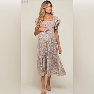 Cream Floral Flutter Maternity Midi Dress